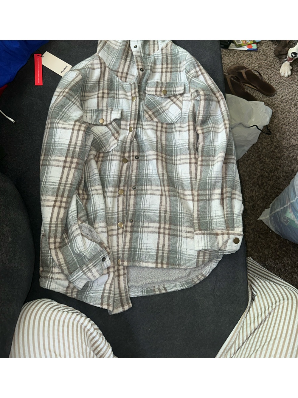 Plaid Button-Up Shacket in Sage and Cream